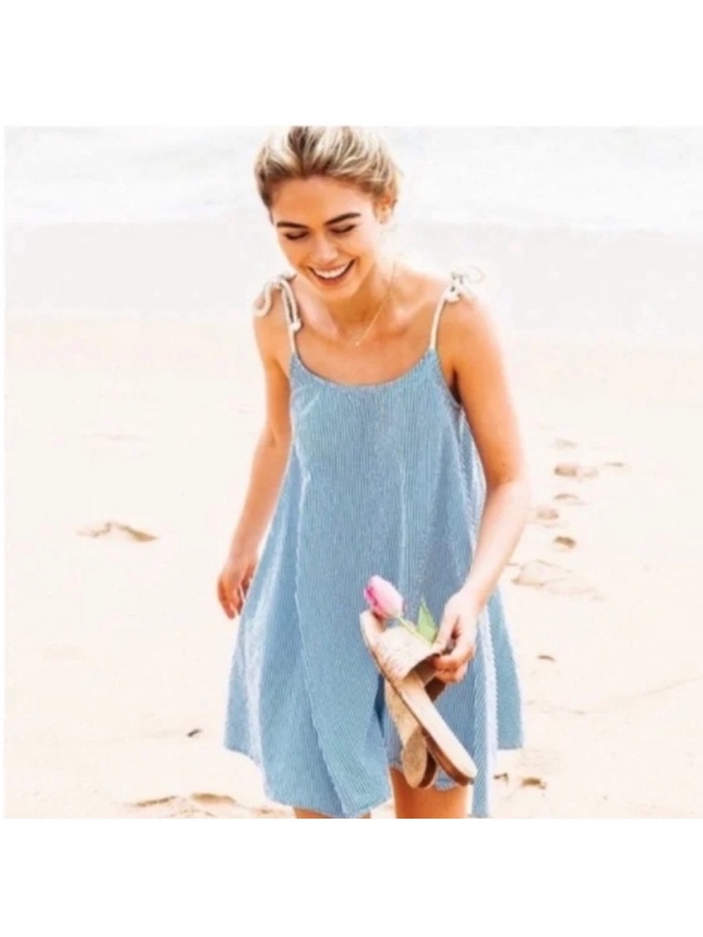 KJP Light Blue Striped Tie-Shoulder Beach cover up